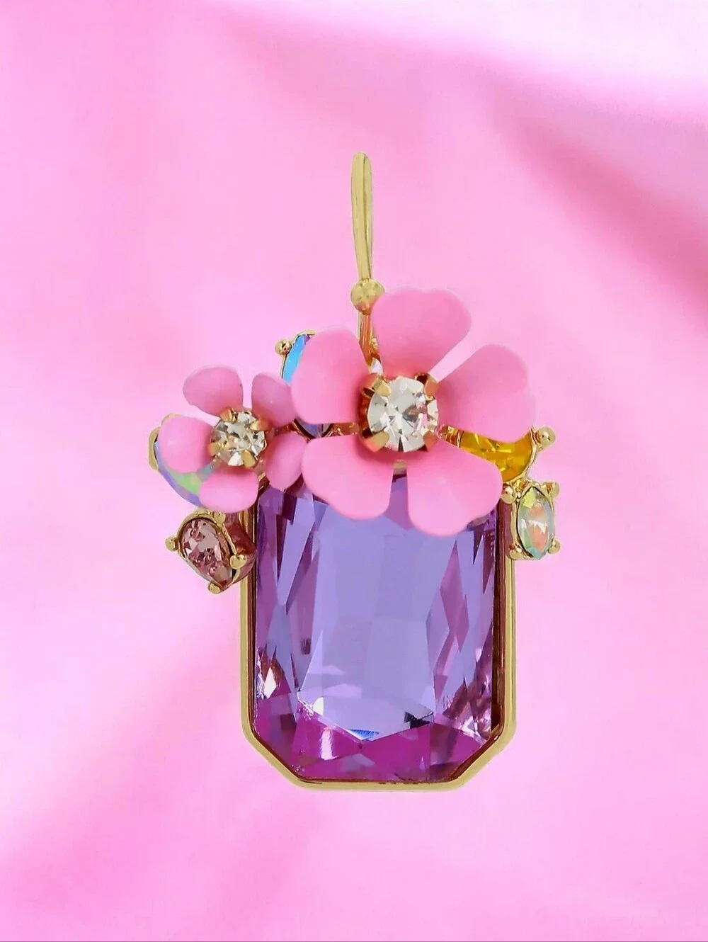 NEW Betsey Johnson Purple Pink Flower Cluster Iridescent Stone Drop Earrings NWT